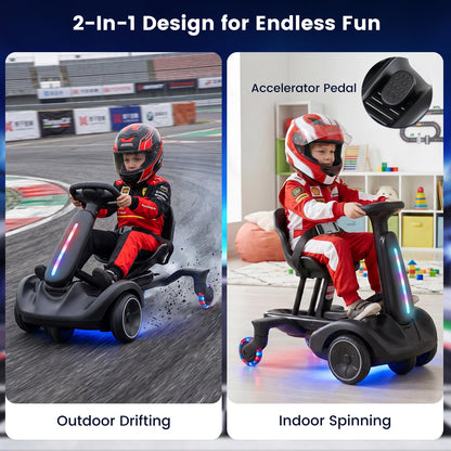 Ride on Drift Car for Kids 2-In-1 Go Kart with Adjustable Seat Sound LED Lights