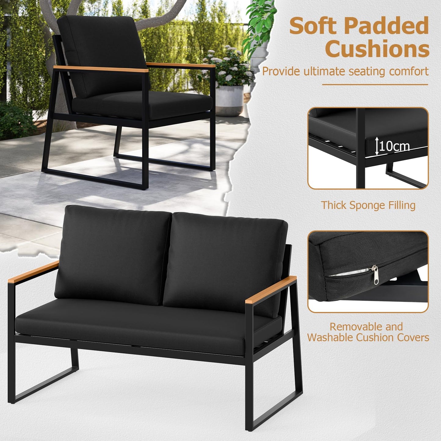 4 Pieces Patio Furniture Set with Thick Cushions for Backyard