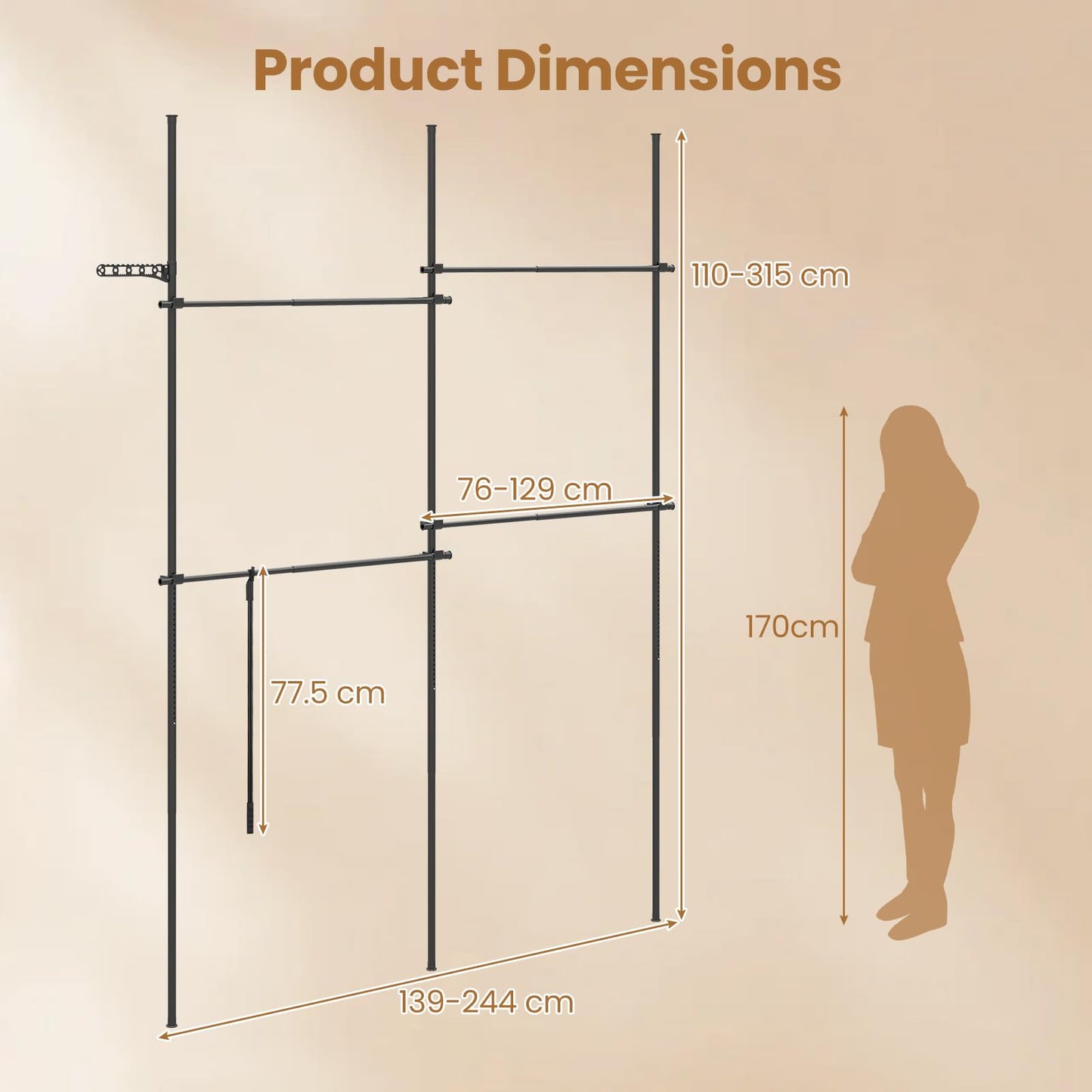 Adjustable Floor to Ceiling Clothes Rack with 2 Hanging Rods Folding Drying Rack and Reacher Pole