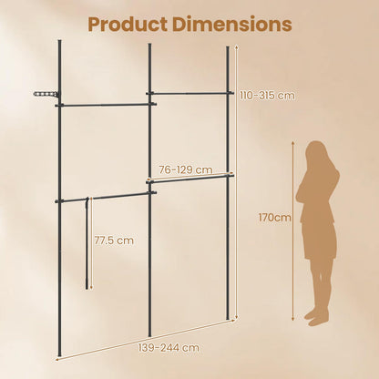 Adjustable Floor to Ceiling Clothes Rack with 2 Hanging Rods Folding Drying Rack and Reacher Pole