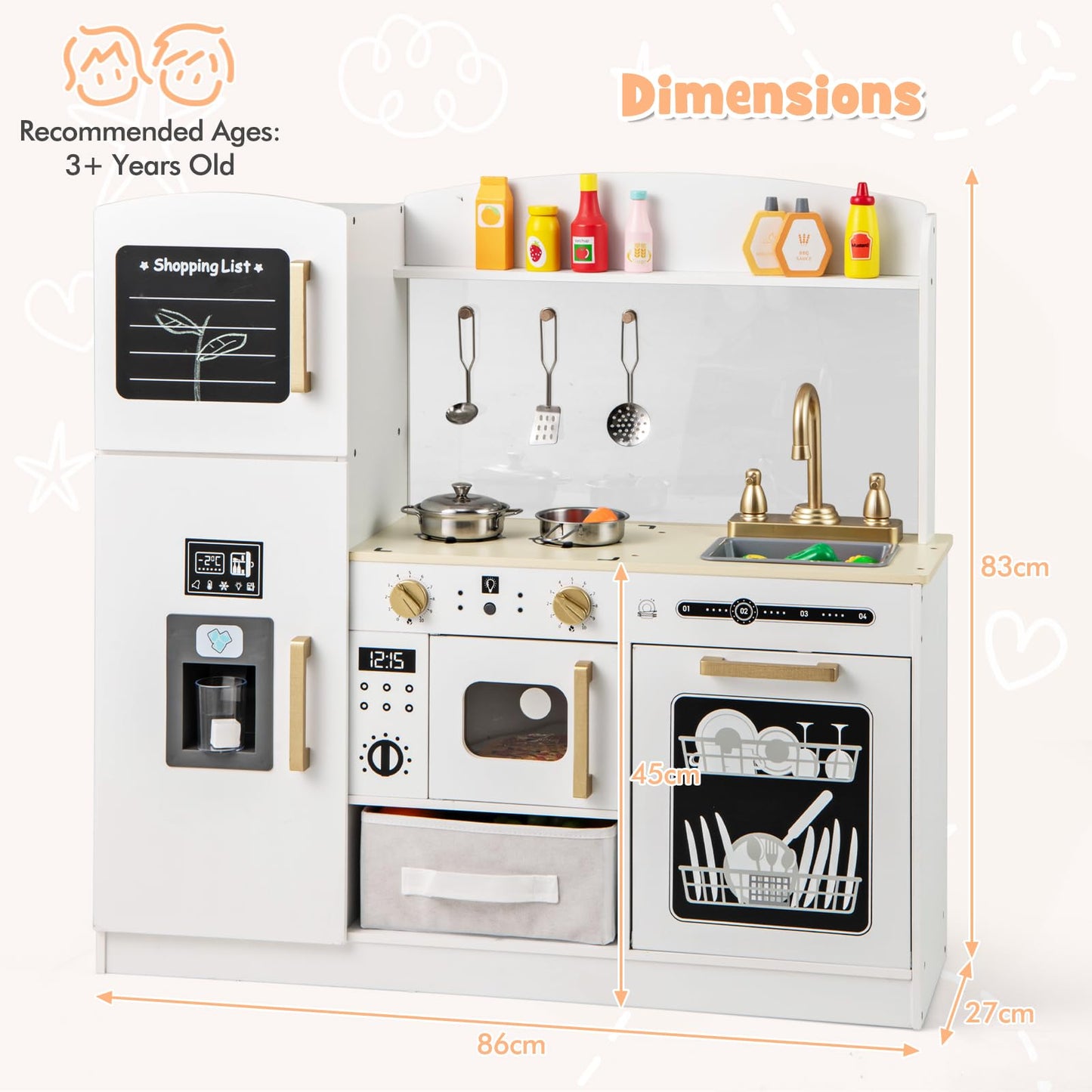 Kids Wooden Kitchen Playset Pretend Play with Chalkboard and Ice Maker