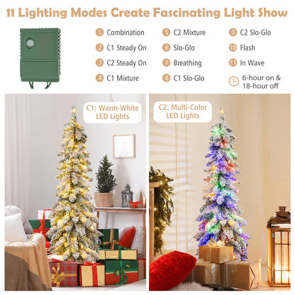 Snow-Flocked Slim Pencil Christmas Tree with 11 Lighting Modes