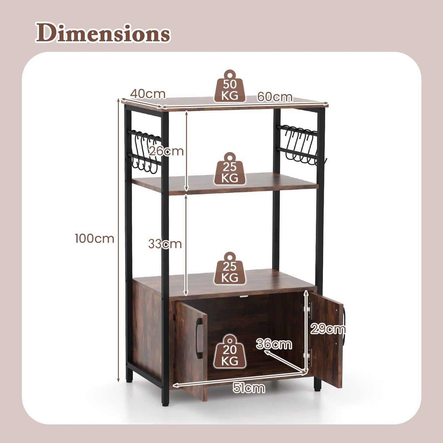 3-Tier Kitchen Bakers Rack with Cabinet Open Shelves and 10 Removable S-Shaped Hooks