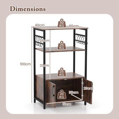 3-Tier Kitchen Bakers Rack with Cabinet Open Shelves and 10 Removable S-Shaped Hooks