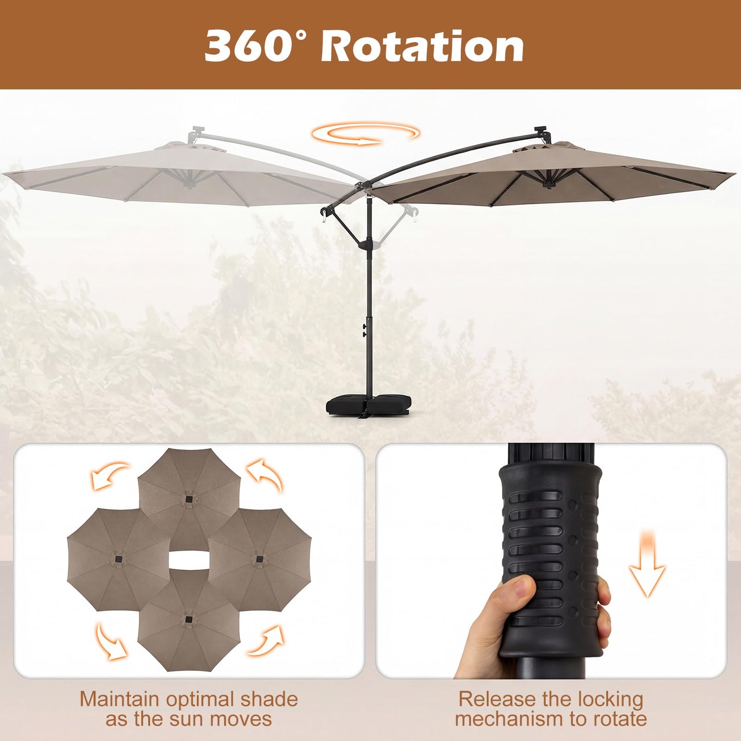 3M Garden Cantilever Parasol, Outdoor Offset Banana Hanging Umbrella with LED Lights
