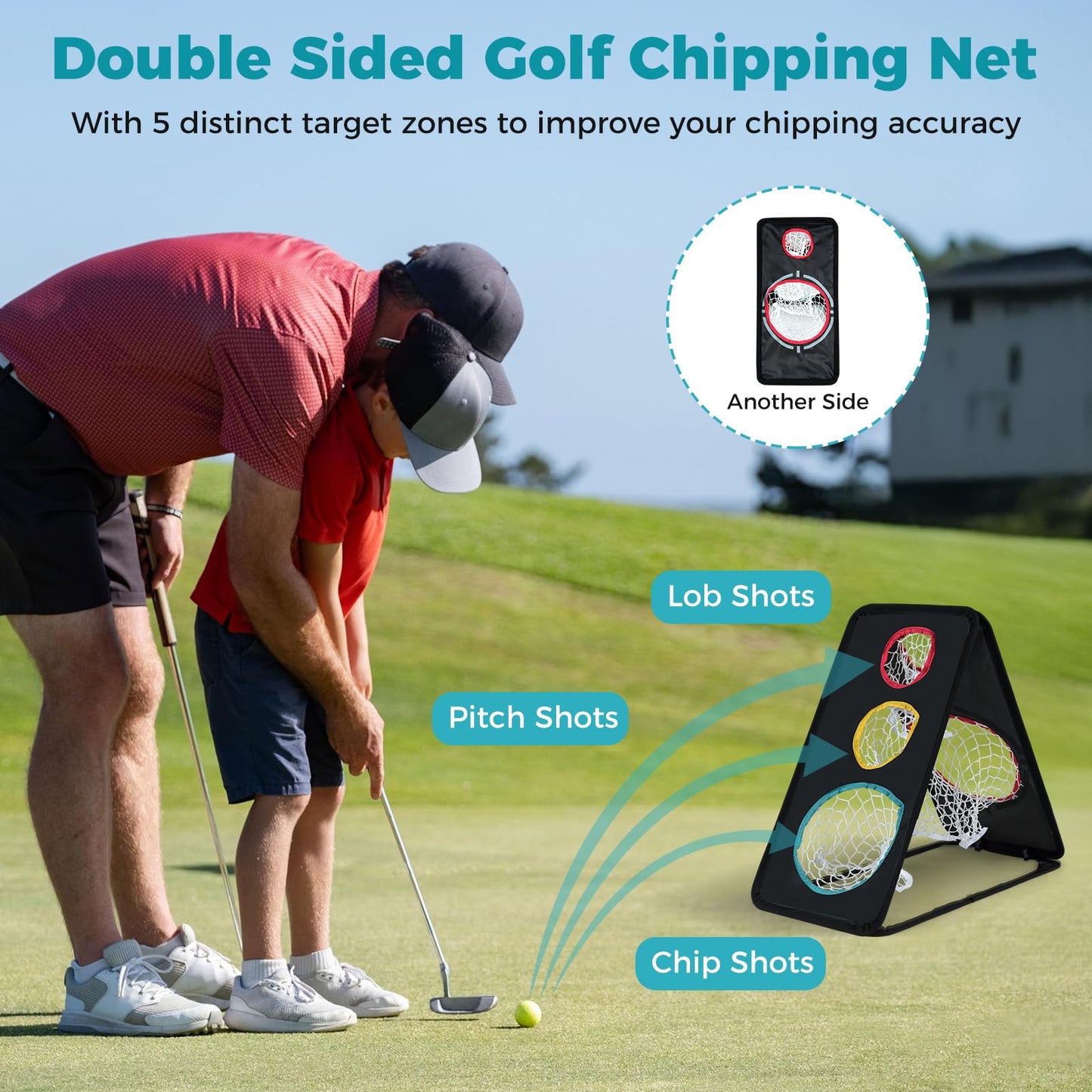 Dual-Sided Golf Chipping Net, Triple Target Golf Practice Net with 5 Target Holes