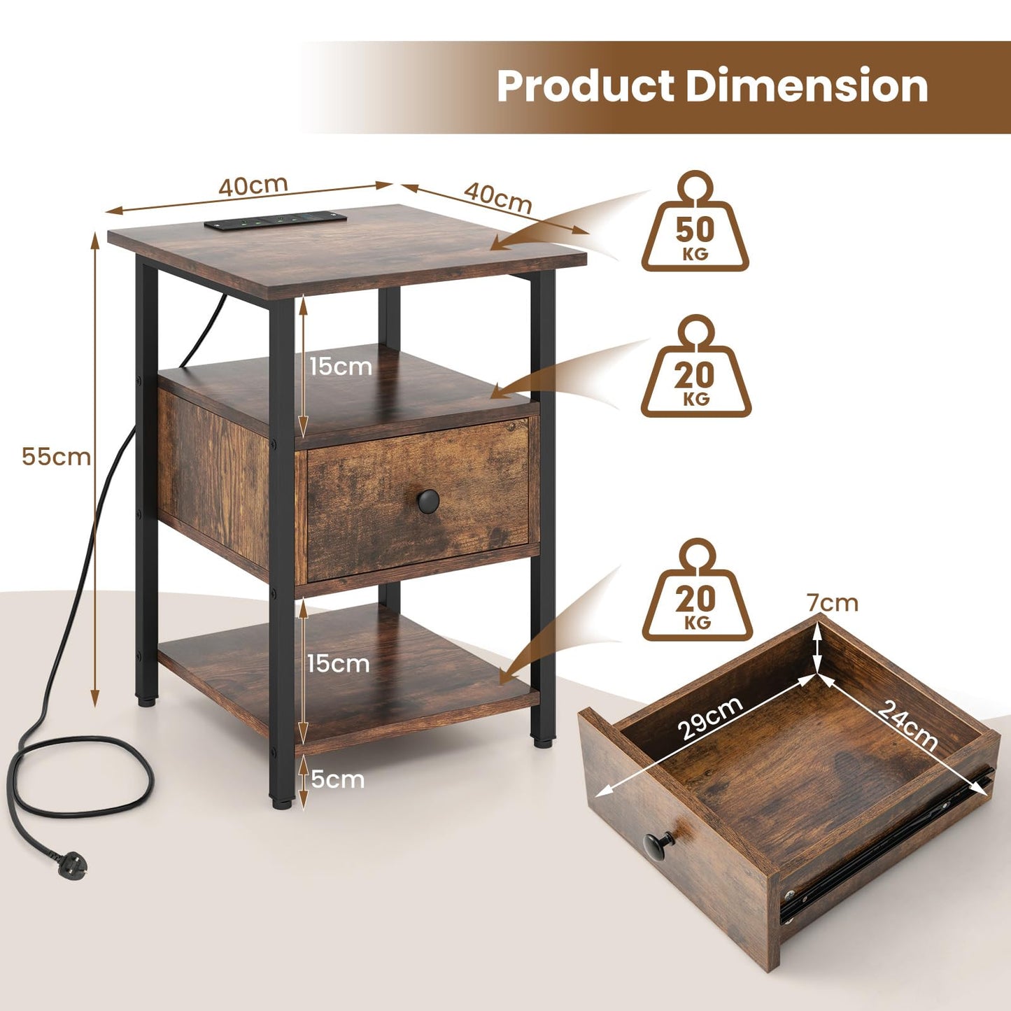 3-Tier Nightstand with Charging Station Open Shelves and Drawer