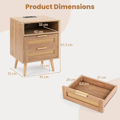 Rattan Bedside Table with Charging Station and LED Lights
