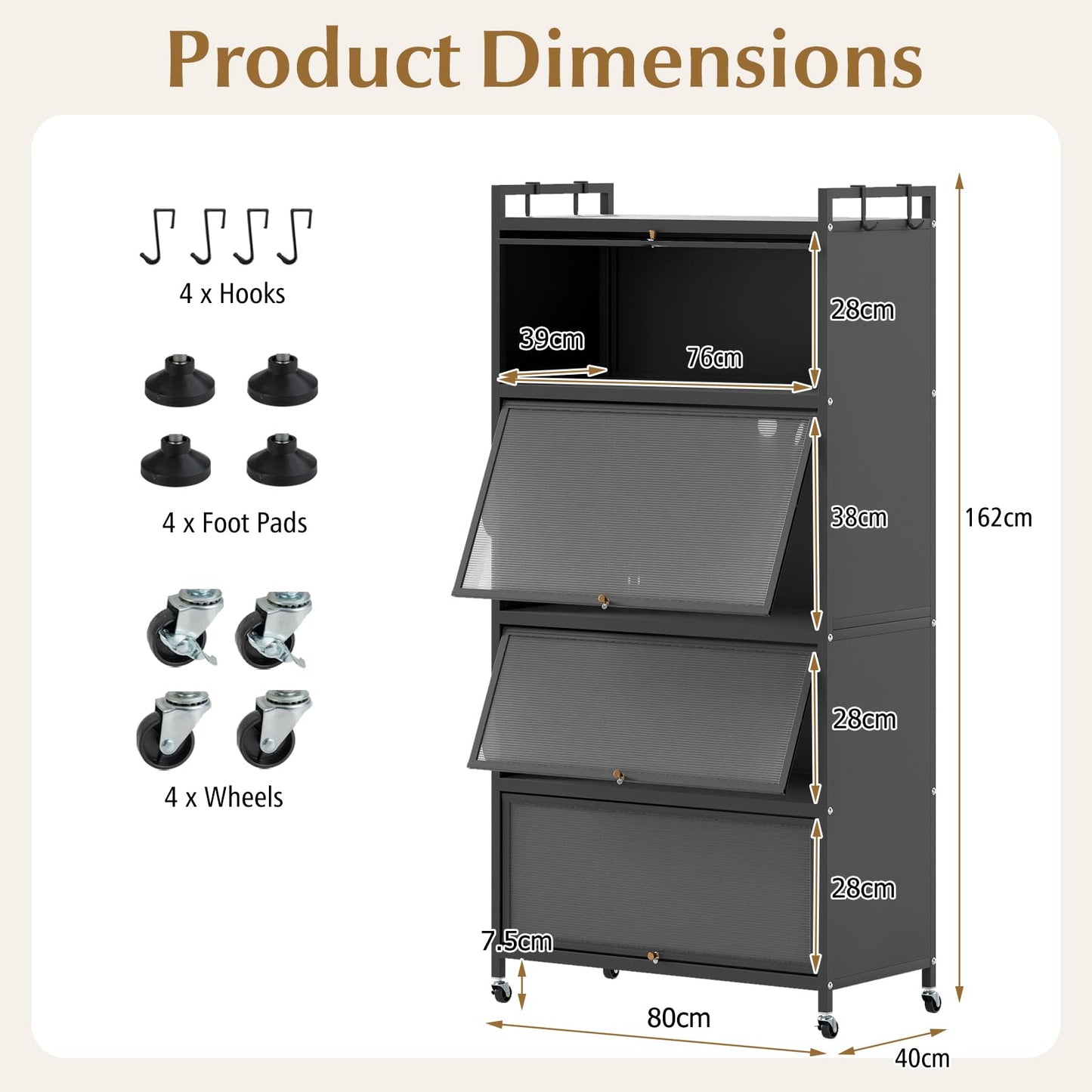 Kitchen Storage Cabinet, 5 Tier Tall Pantry Cupboard with Flip-Up Doors