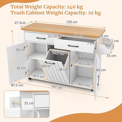 Mobile Kitchen Island with Trash Can Storage with 2 Drawers