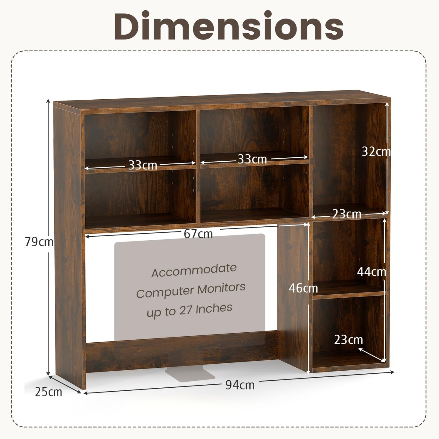Countertop Bookcase with 3 Adjustable Shelves and Open Compartment