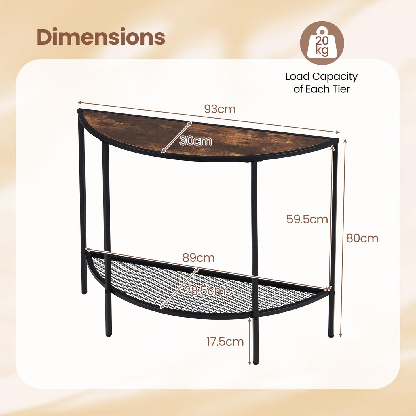 2-Tier Console Table, Half Moon Industrial Narrow Entryway Table