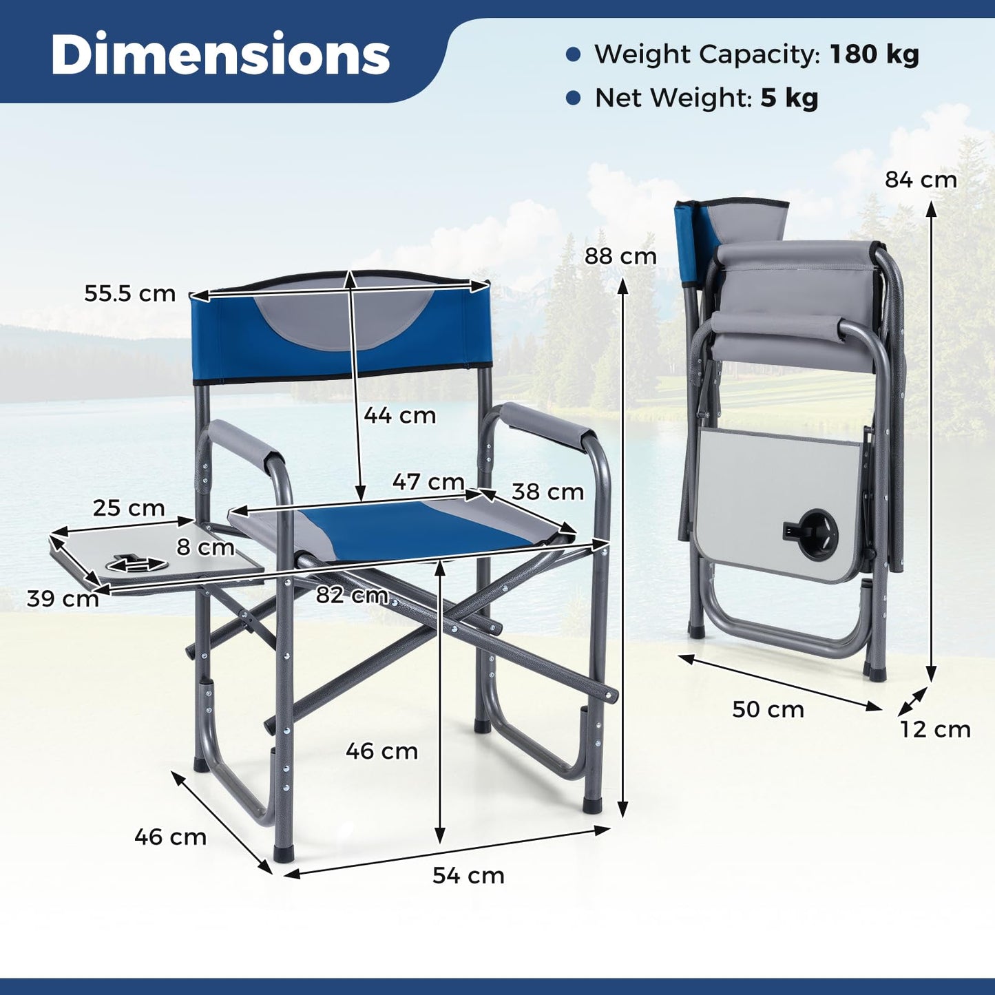 Folding Directors Chair, Oversized Camping Chairs with Side Table and Cup Holder