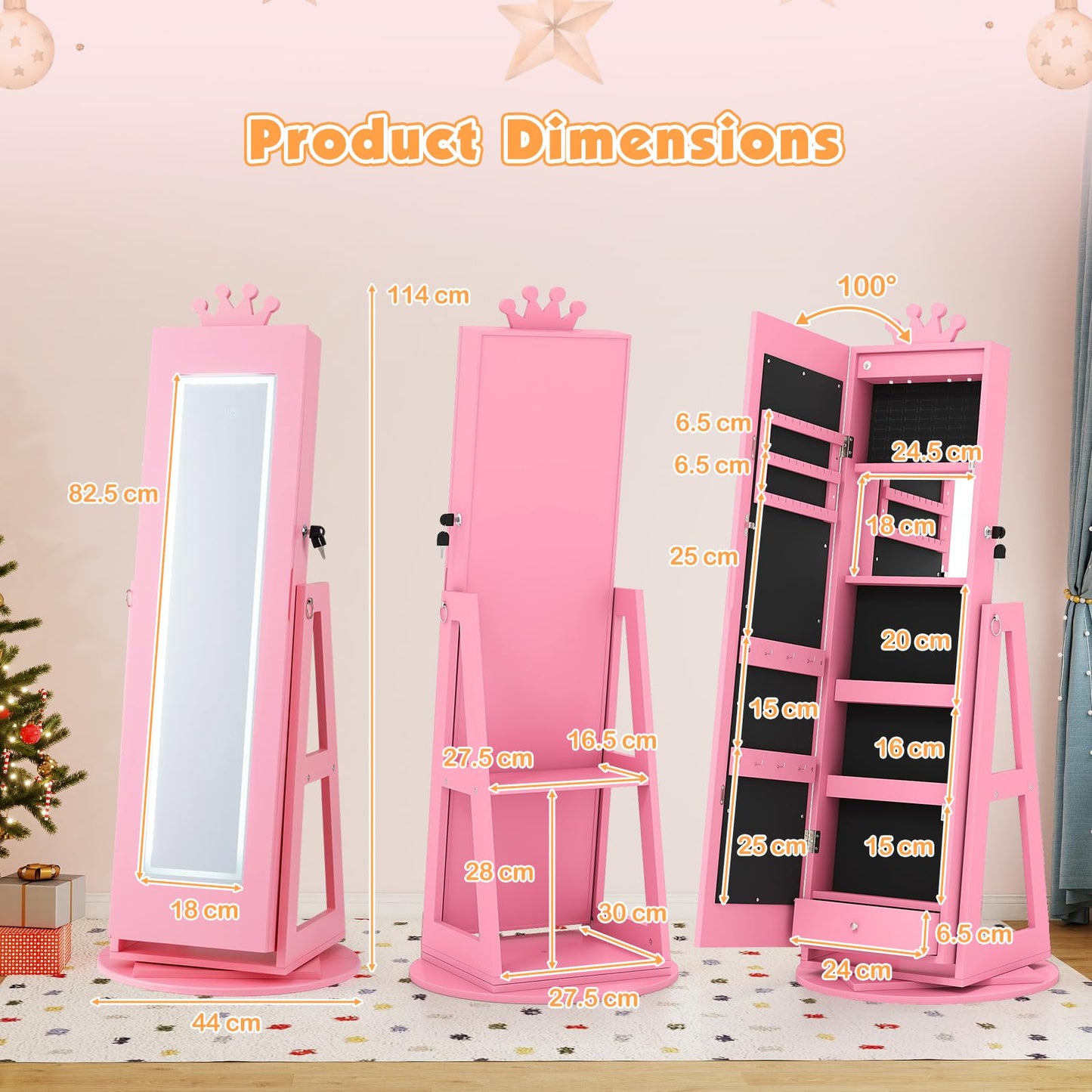 3 In 1 Kids Jewelry Cabinet 360° Swivel Jewelry Armoire with Mirror