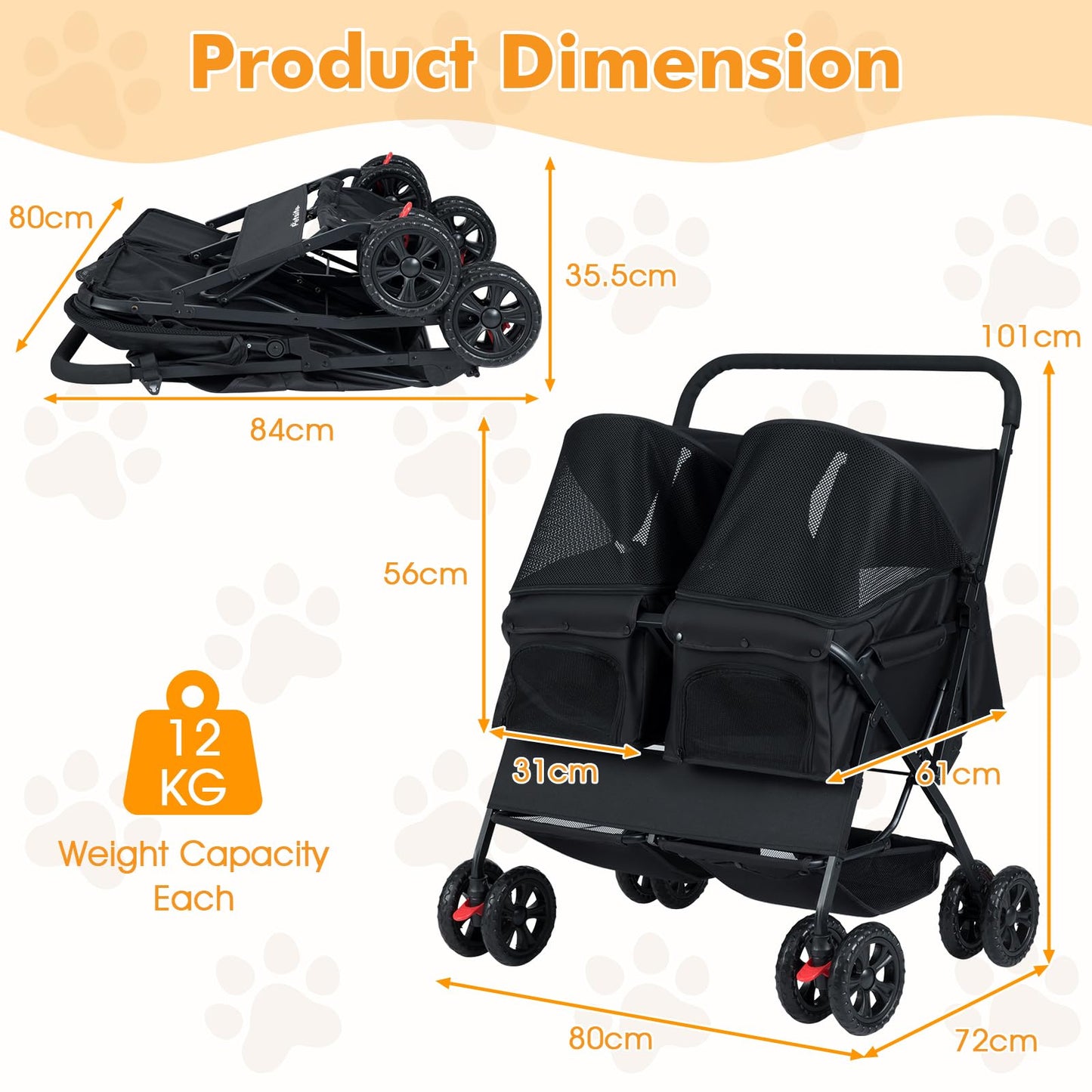 Double Pet Stroller, Foldable Dog Travel Pushchair Cat Buggy