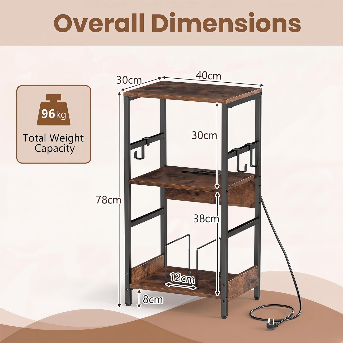 3-Tier Record Player Stand, Industrial Turntable Stand with Charging Station
