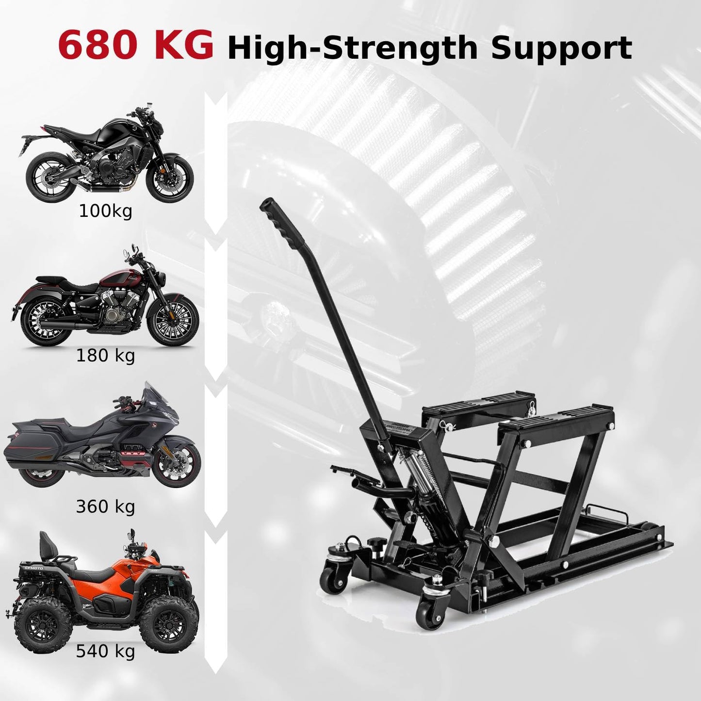 680 kg Motorcycle Hydraulic Lift with 3 Level Height Adjustable Platform