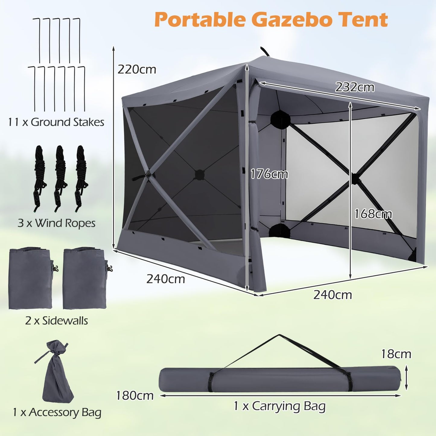 Pop Up Screened Gazebo, 4/6-Sided Instant Camping Shelter Tent with Bug-Proof Mesh Sidewalls