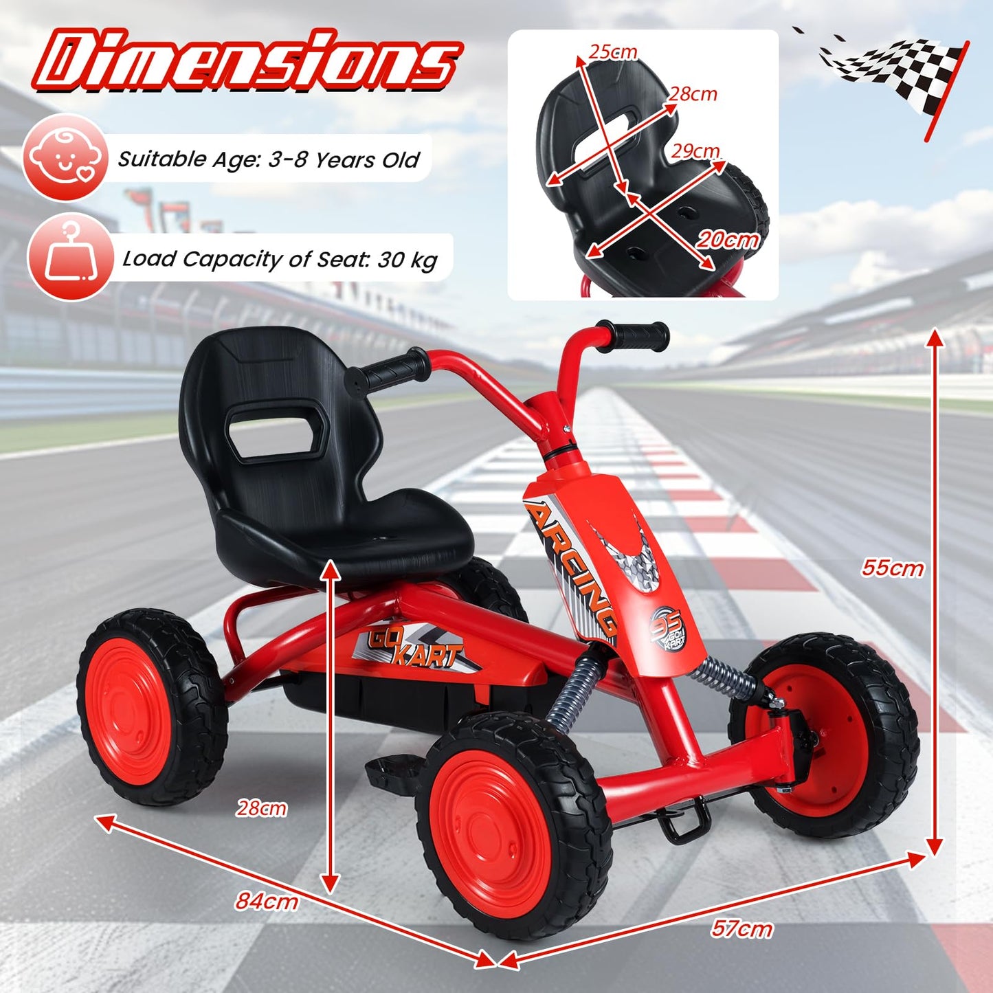 Kids Pedal Go Kart, Ride On Racer with 2-Position Seat