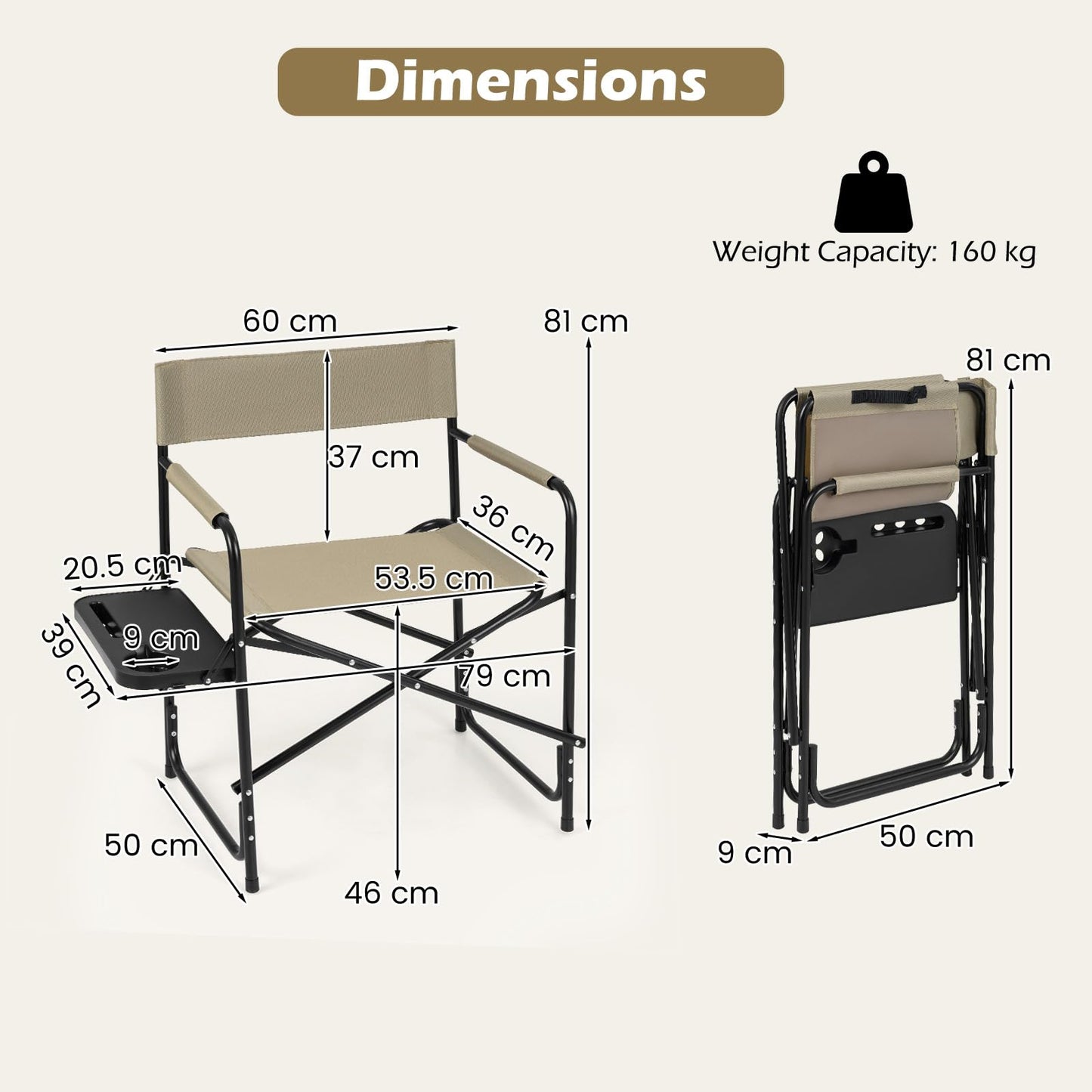Folding Directors Chair, Oversized Camping Chairs with Side Table and Cup Holder