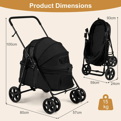 Pet Stroller, Foldable Dog Pushchair with 360°Swivel Wheels