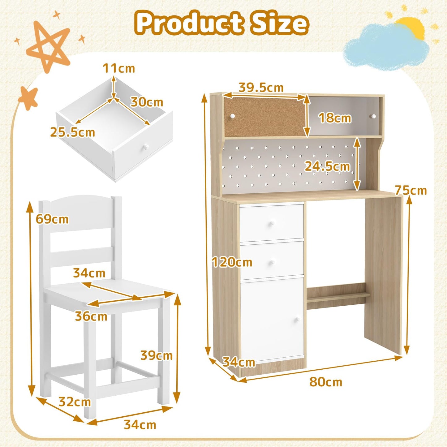 Wooden Kids Desk and Chair Set, Children Table and Chair with Pegboard