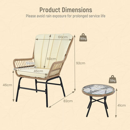 3 Pieces Patio Bistro Set Outdoor PE Wicker Conversation Set with Tempered Glass Coffee Table