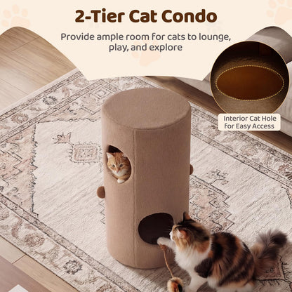 2-Tier Cat House for Indoor Cats with Sisal Scratching Mat Hideaway Cave and Bear Accents