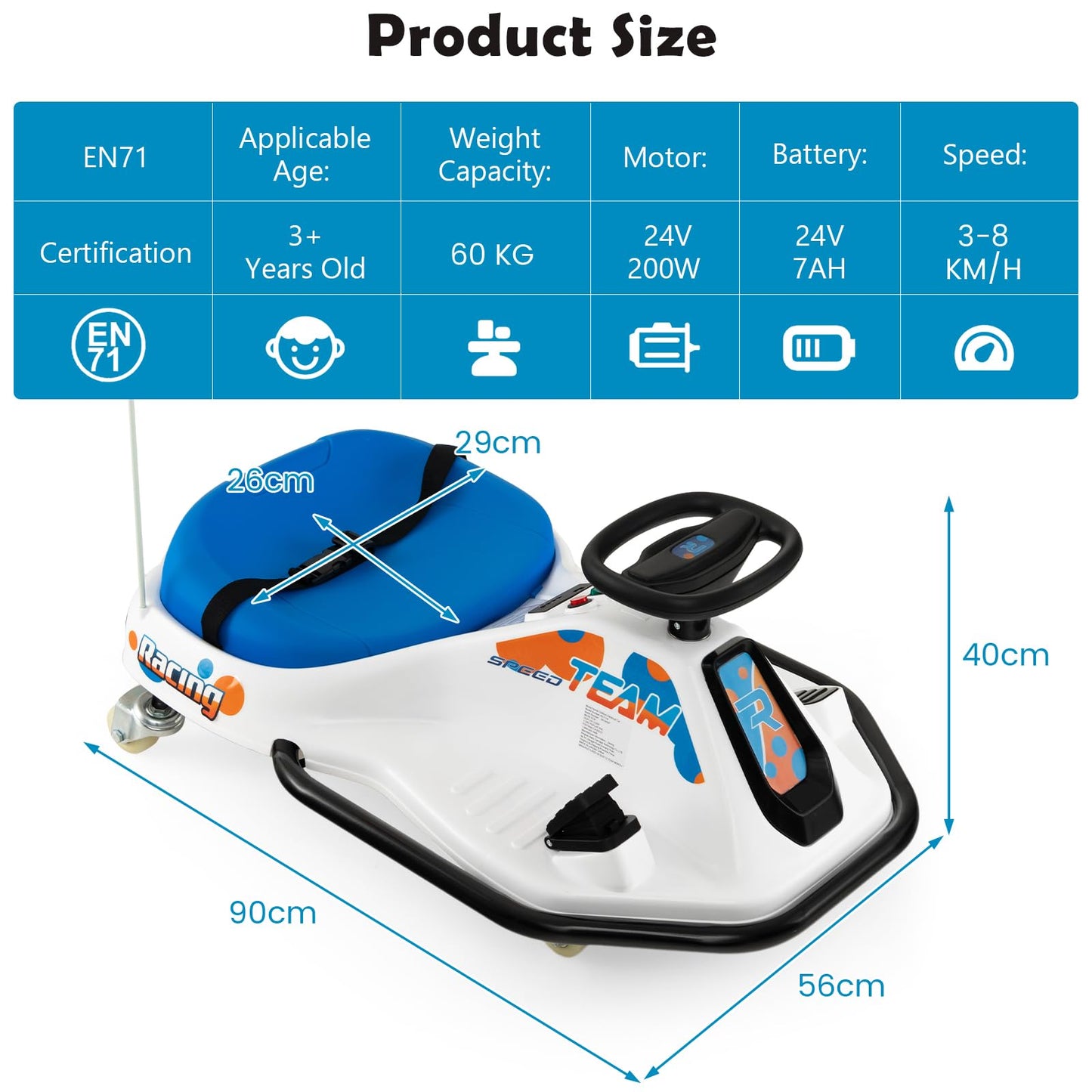 Electric Drifting Go Kart for Kids with 360° Spin Wireless Connection and USB