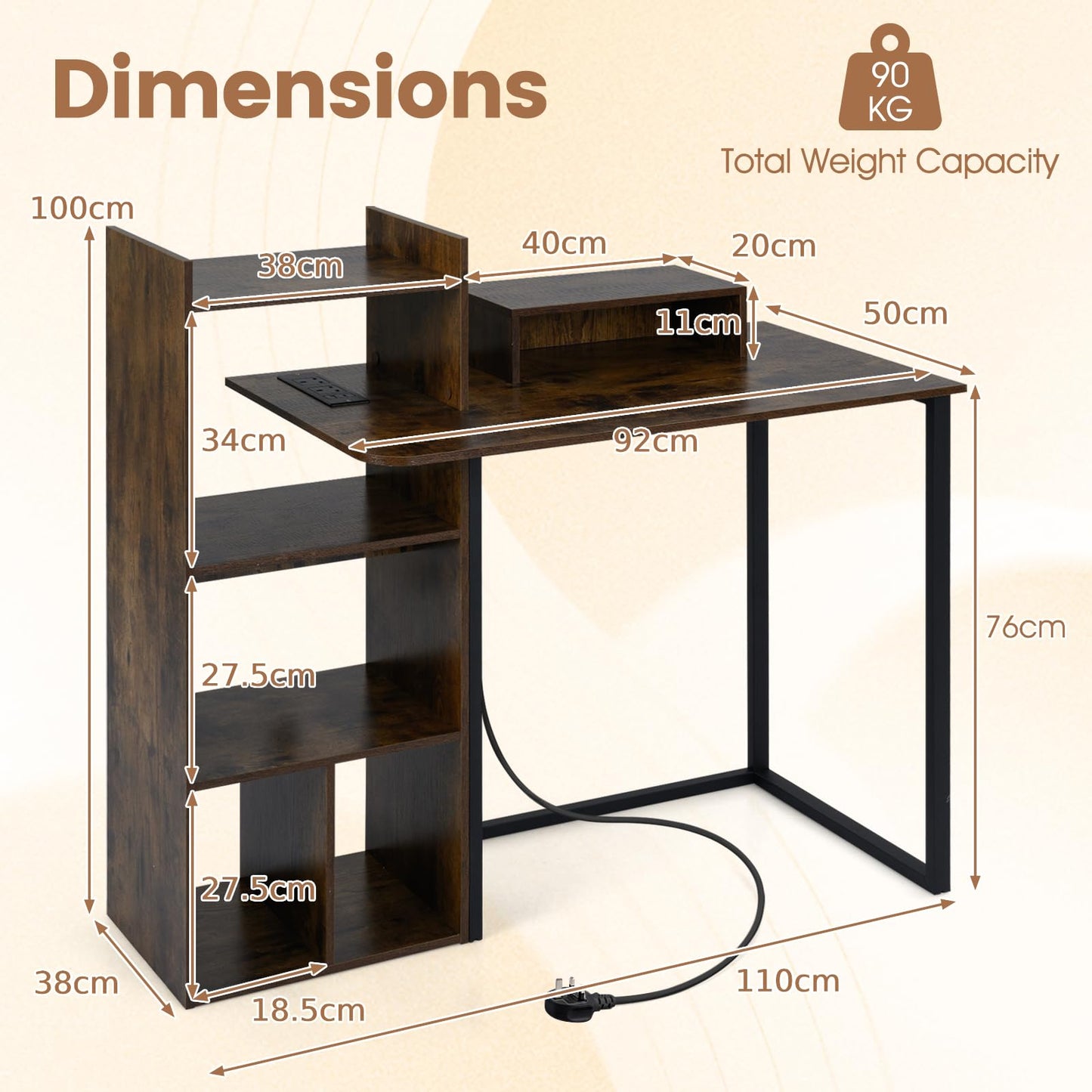 Computer Desk with Storage Shelves, 110CM PC Laptop Table Writing Workstation