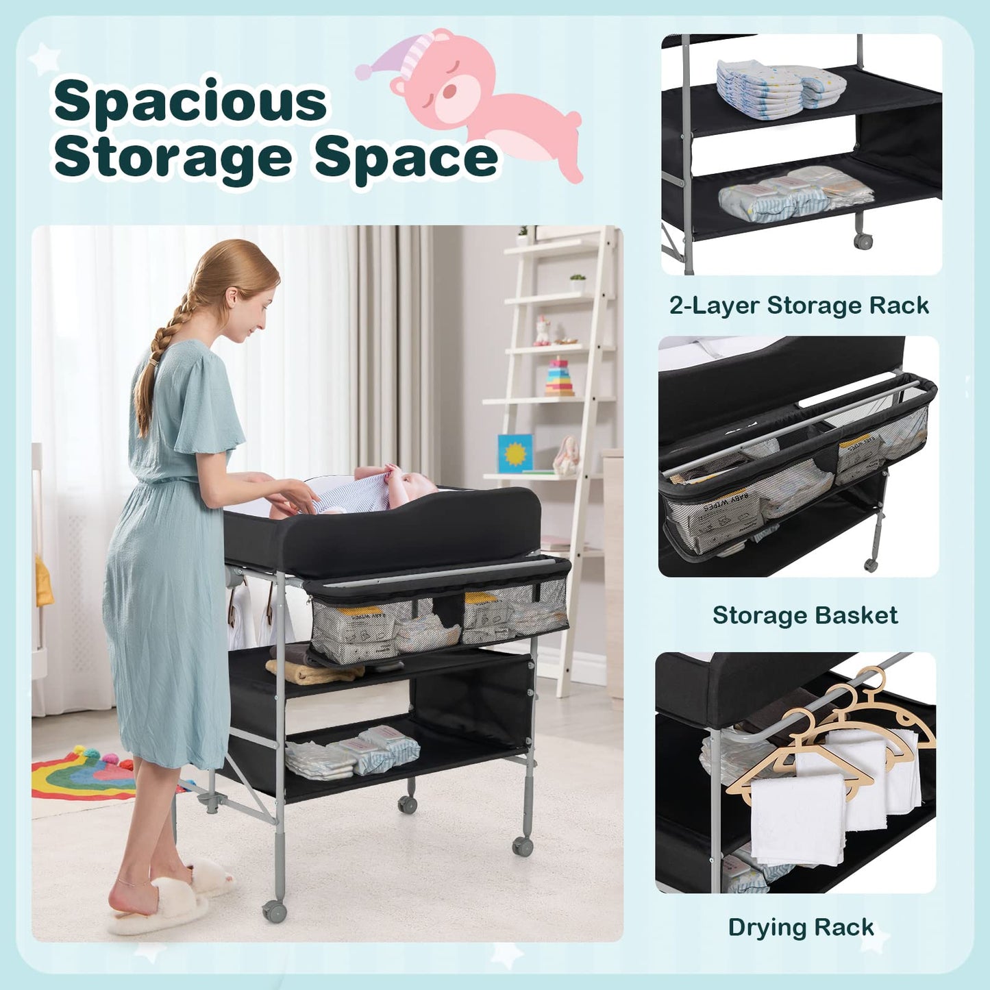 Baby Changing Table Folding Nursery Changing Station with 4 Lockable Wheels