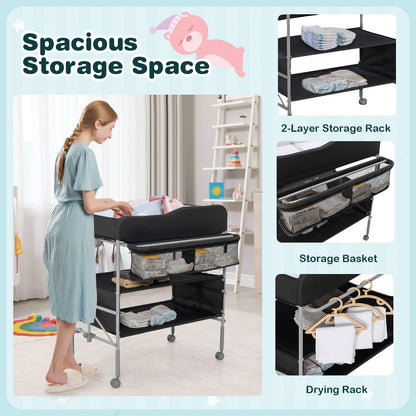 Baby Changing Table Folding Nursery Changing Station with 4 Lockable Wheels