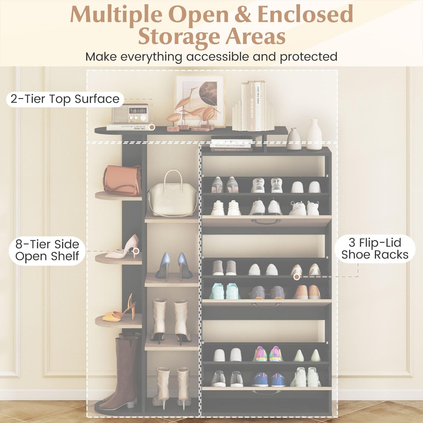 Slim Shoe Cabinet with 3 Flip Drawers, Open Shelves