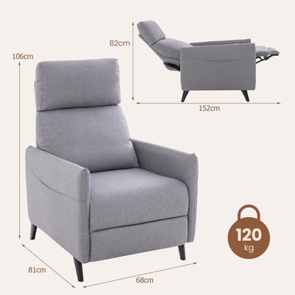 Linen Fabric Push Back Recliner Armchair with Adjustable Backrest and Footrest