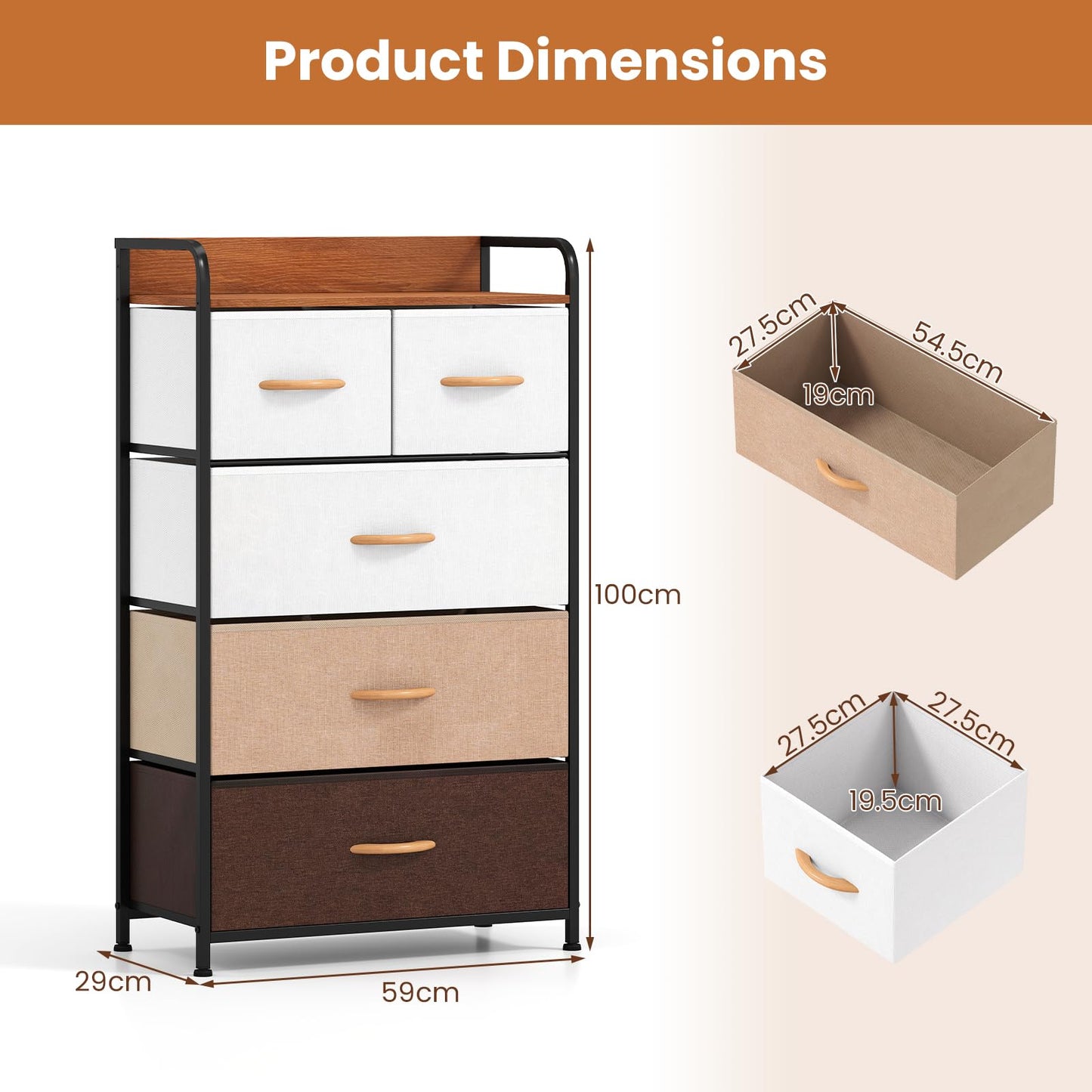 5-Drawer Tall Narrow Fabric Dresser with Removable Fabric Bins