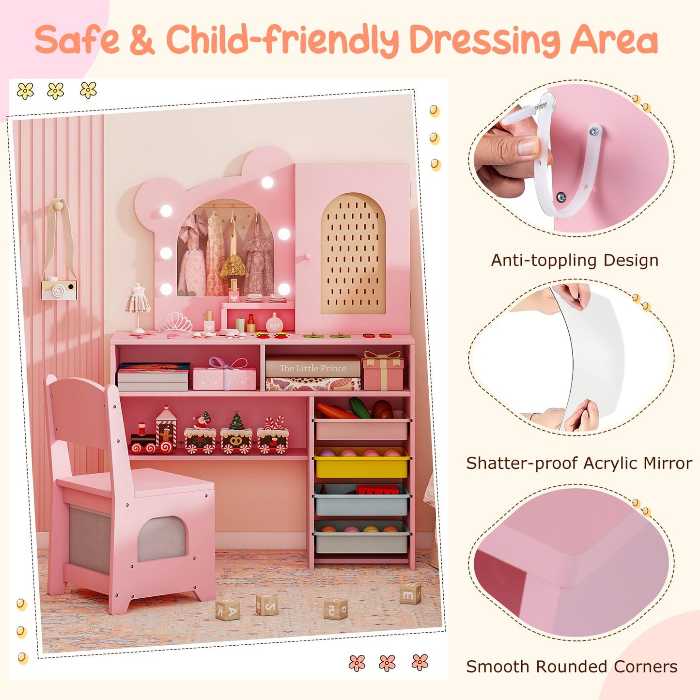 Kids Vanity with Lights Princess Vanity Table and Chair Set with 5 Drawers and 2 Compartments