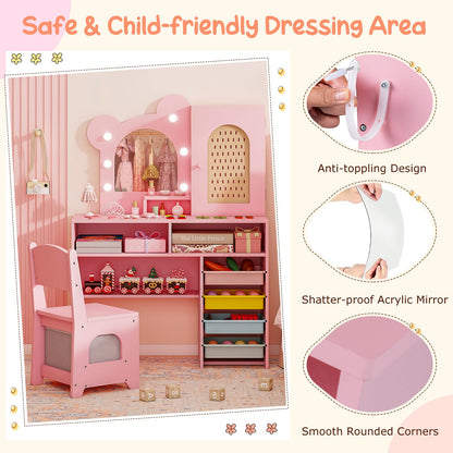Kids Vanity with Lights Princess Vanity Table and Chair Set with 5 Drawers and 2 Compartments