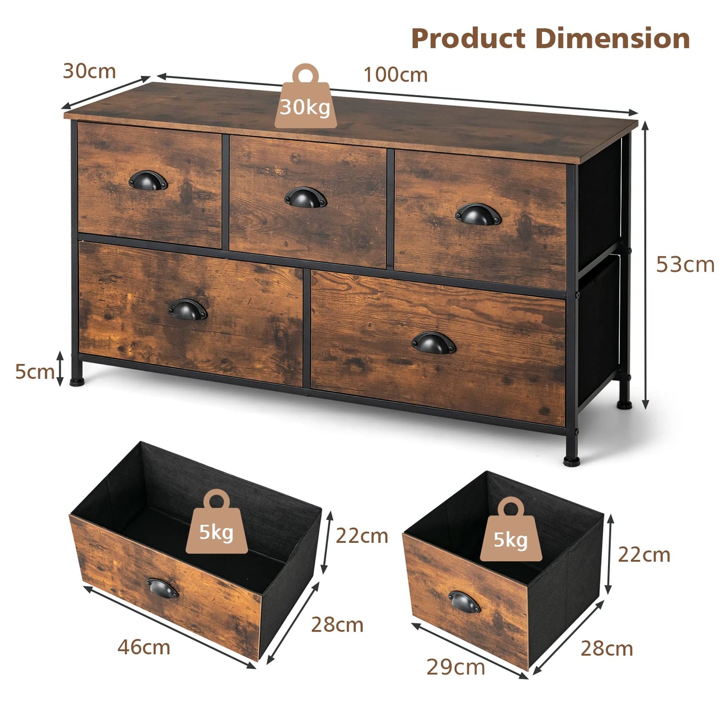 5 Drawer Multifunction Dresser with Foldable Drawers and Wooden Top