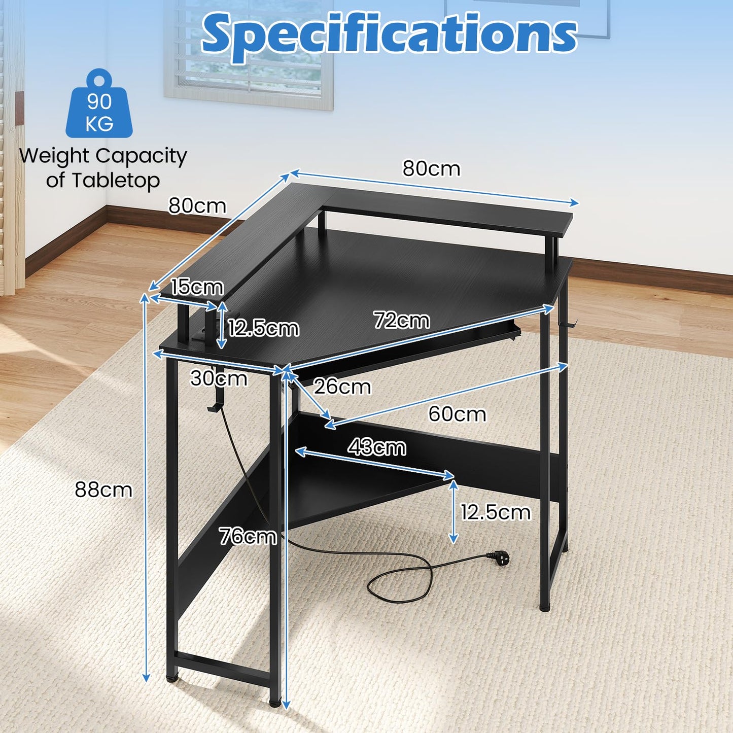 Computer Corner Desk with LED Charging Station and Monitor Stand