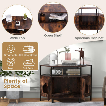 Corner Cat Litter Box Enclosure with Open Shelf