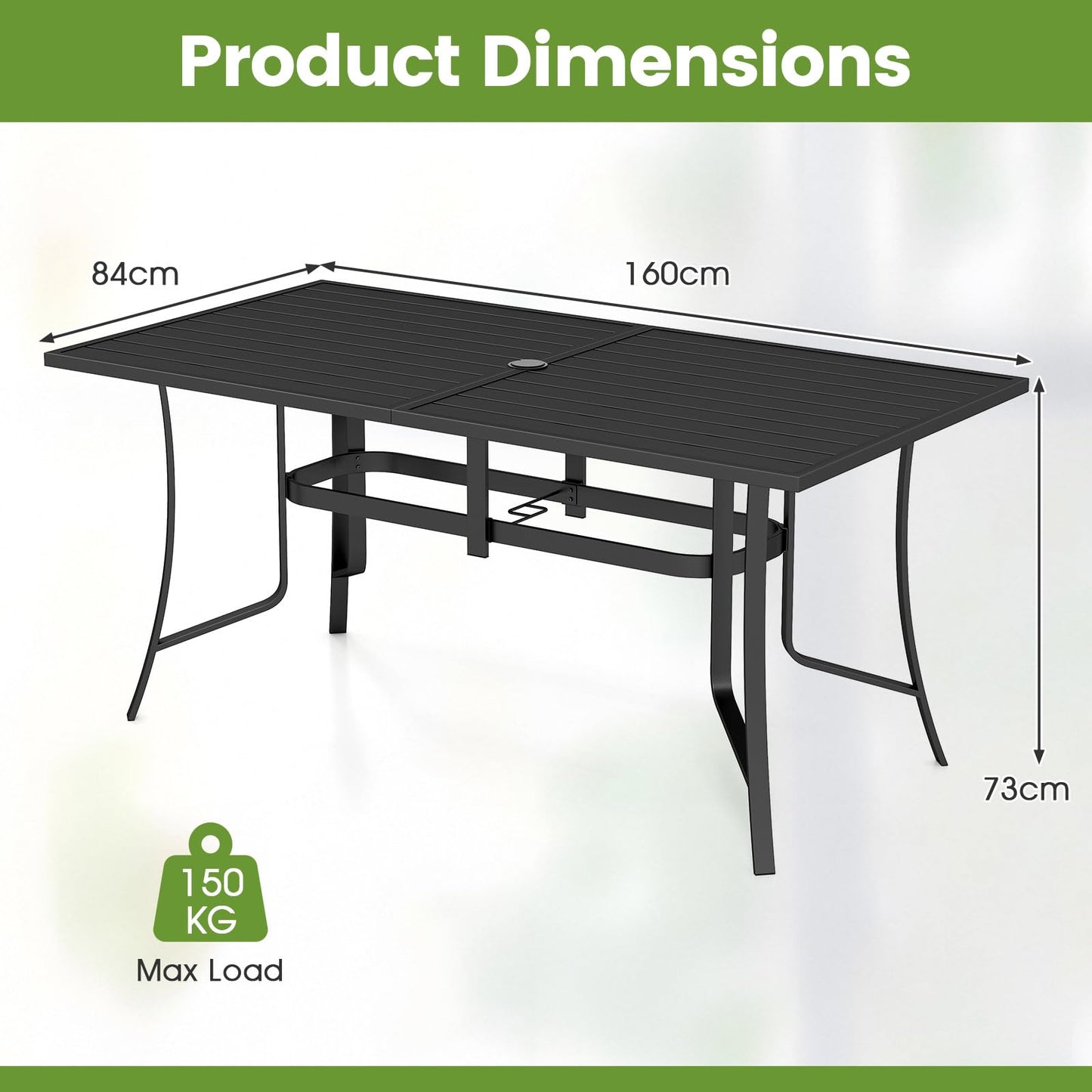 Patio Dining Table for 6 160CM Rectangle Metal Slat Table with Umbrella Hole