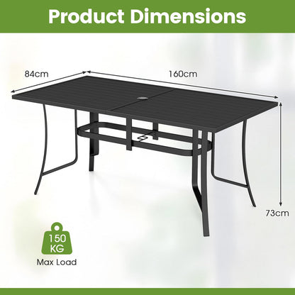 Patio Dining Table for 6 160CM Rectangle Metal Slat Table with Umbrella Hole