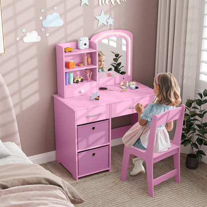 Kids Vanity Set with Lighted Mirror and Storage Drawers