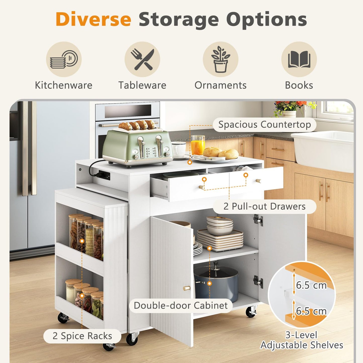 180cm Kitchen Island on Wheels with Extendable Table & Power Outlet
