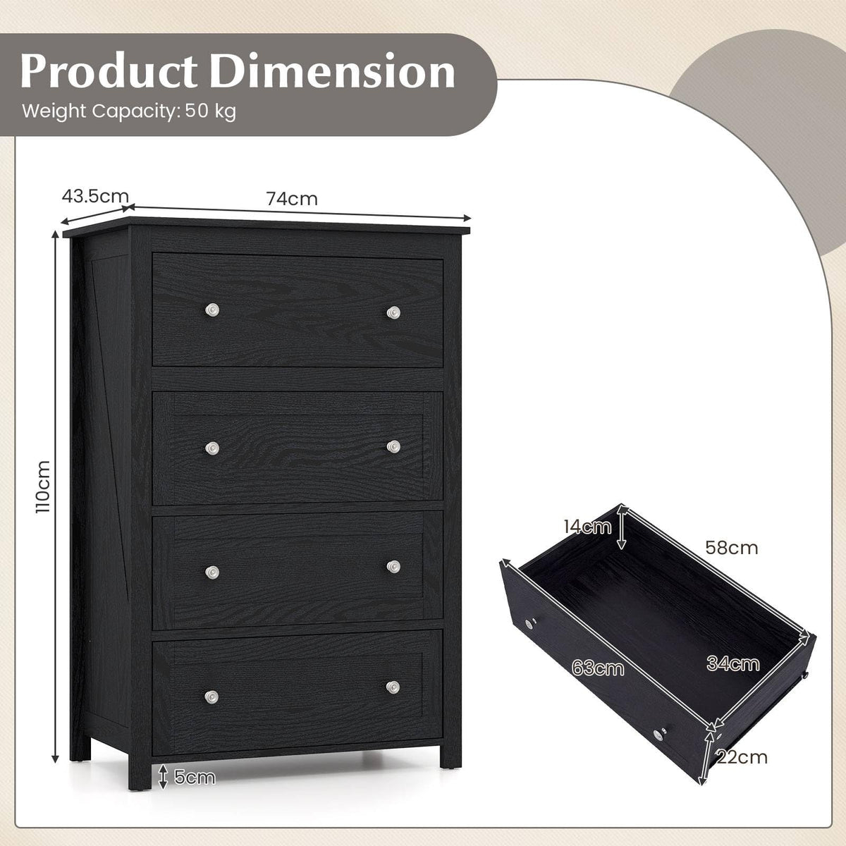 110cm Tall Storage Cabinet Chest of Drawers Clothes Organizer with 4 Drawers