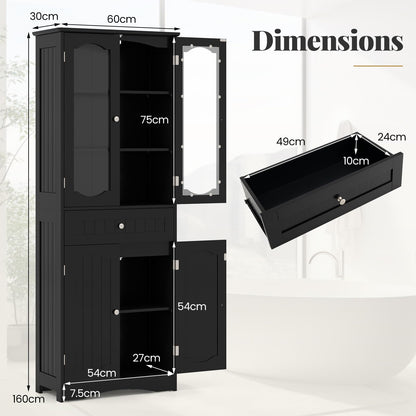 160cm Freestanding Linen Tall Bathroom Storage Cabinet with 2 Glass Doors