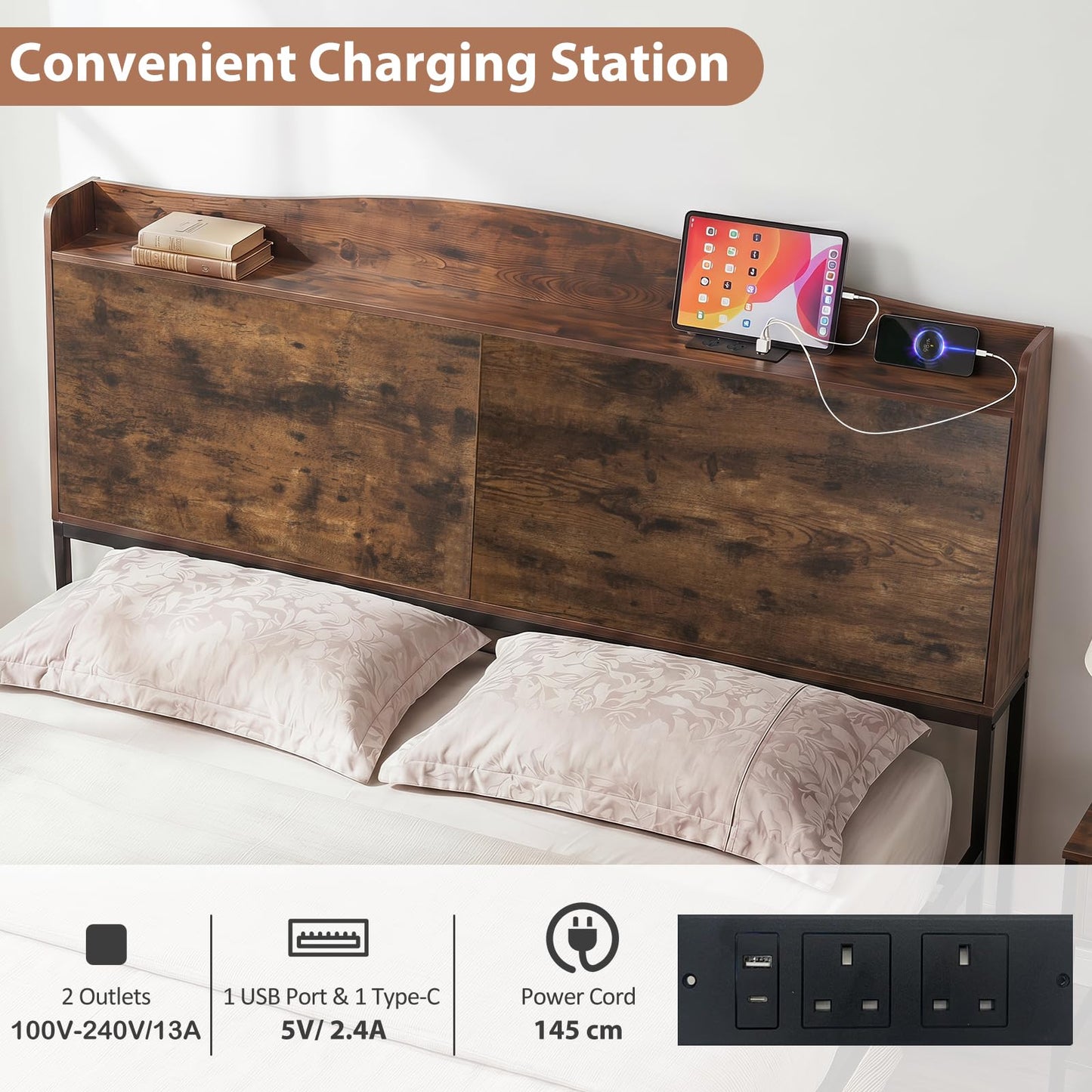 King Size Industrial Metal Platform Bed Frame with Charging Station and Storage Headboard
