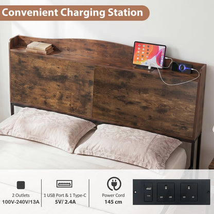 King Size Industrial Metal Platform Bed Frame with Charging Station and Storage Headboard