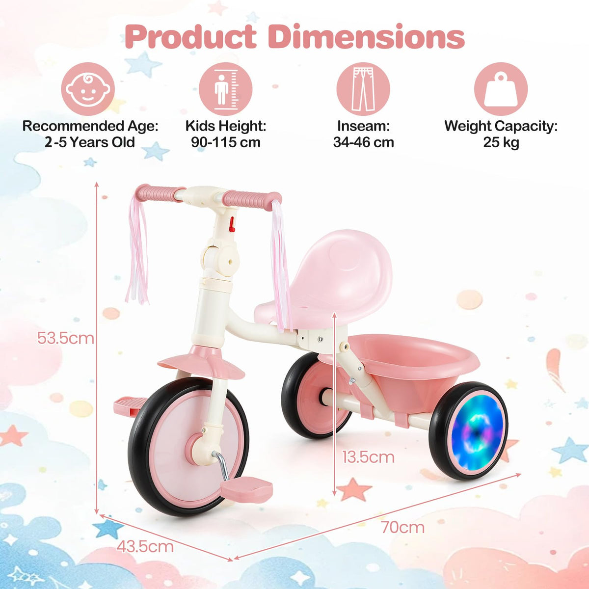 Kids Tricycle, Foldable Toddler Trike with Lighting Wheels