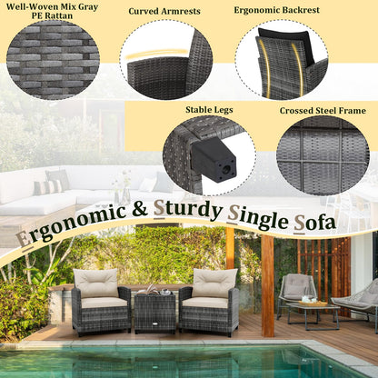 3 Pieces Metal Frame Garden Coffee Table and Sofa Chairs Set with Cushions